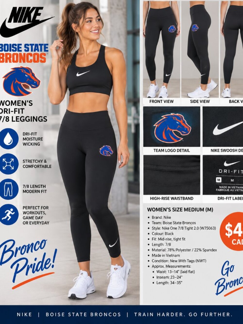 Nike Boise State Broncos Dri-FIT 7/8 Leggings – Women’s M – NWT – $59